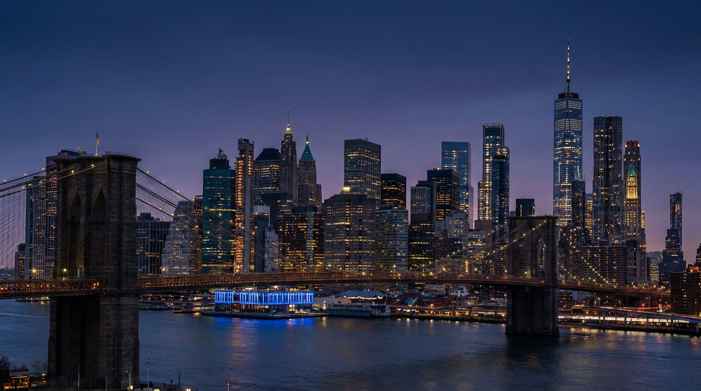 Manhattan skyline at blue hour viewed from Brooklyn waterfront with Brooklyn Bridge gothic towers and One World Trade Center