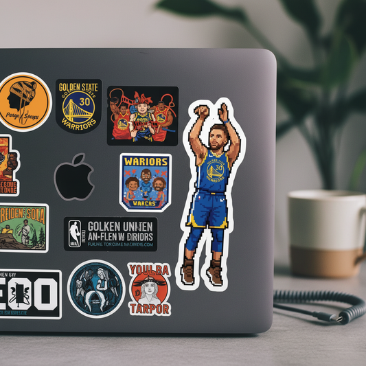 Retro Pixel Art Basketball Player Sticker Dynamic Jump Shot Decal Blue & Yellow Sports Athlete Gamer Room Decor