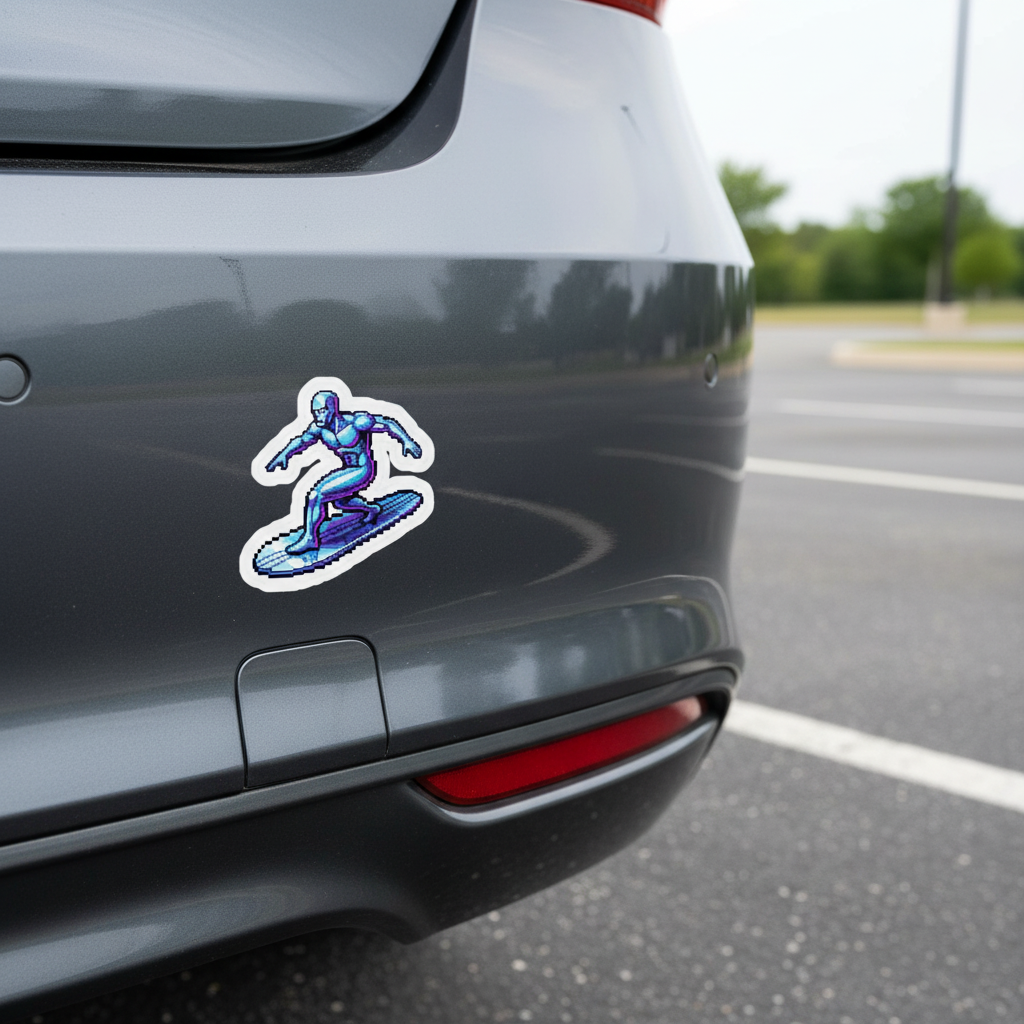 Retro 8-Bit Cosmic Surfer Sticker | Chrome Pixel Art Sci-Fi Decal | Kiss-Cut Vinyl
