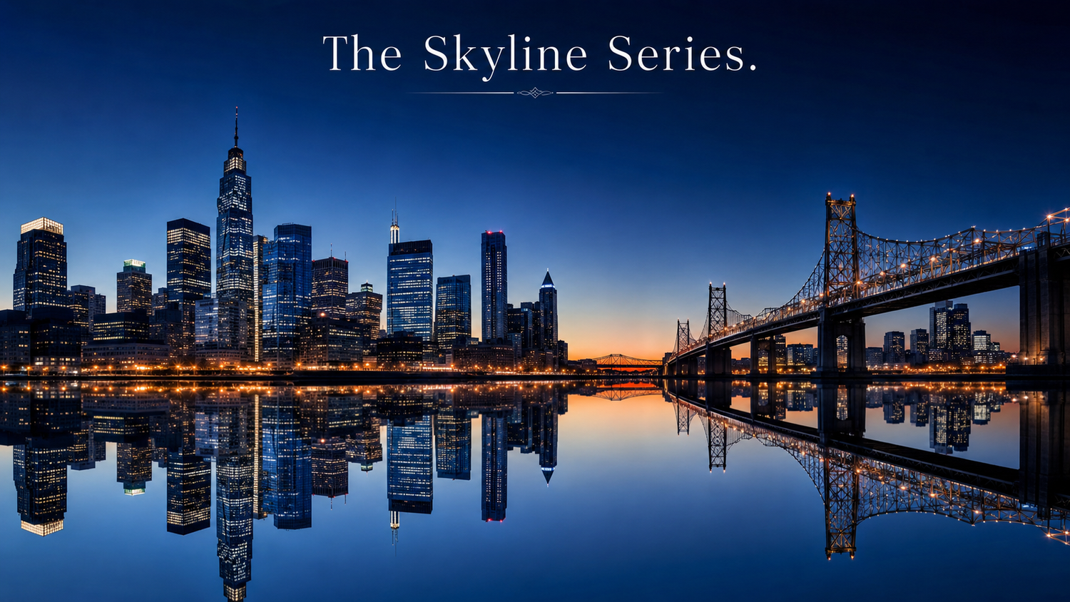 Modernist downtown skyline at blue hour with glass-and-steel high-rises and amber interior lights