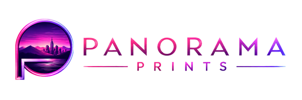 Panorama Prints logo with a stylized letter 'P' and landscape design on a transparent background