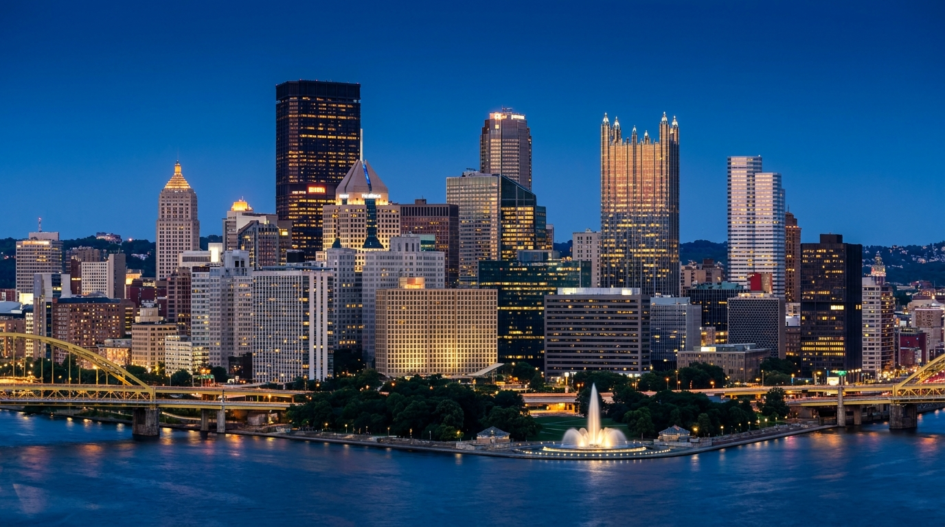 Pittsburgh downtown skyline at blue hour viewed across the Allegheny River with PPG Place and the Steel Tower