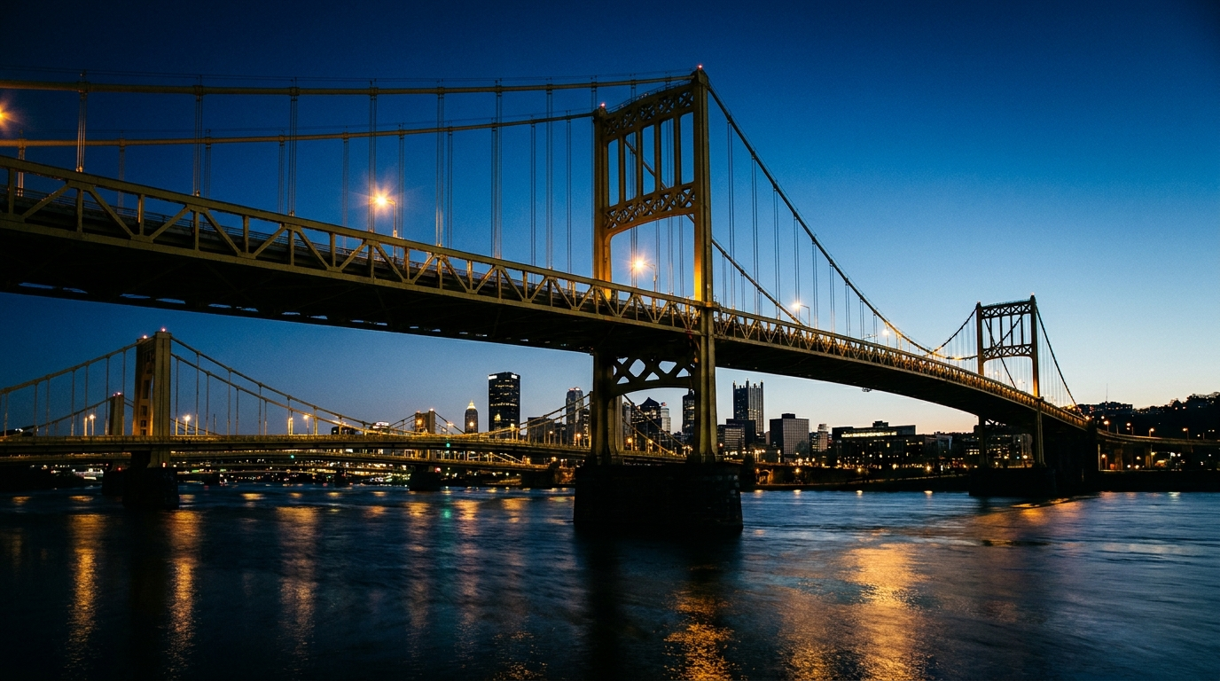 Pittsburgh yellow steel suspension bridge at blue hour with truss work geometry against navy sky