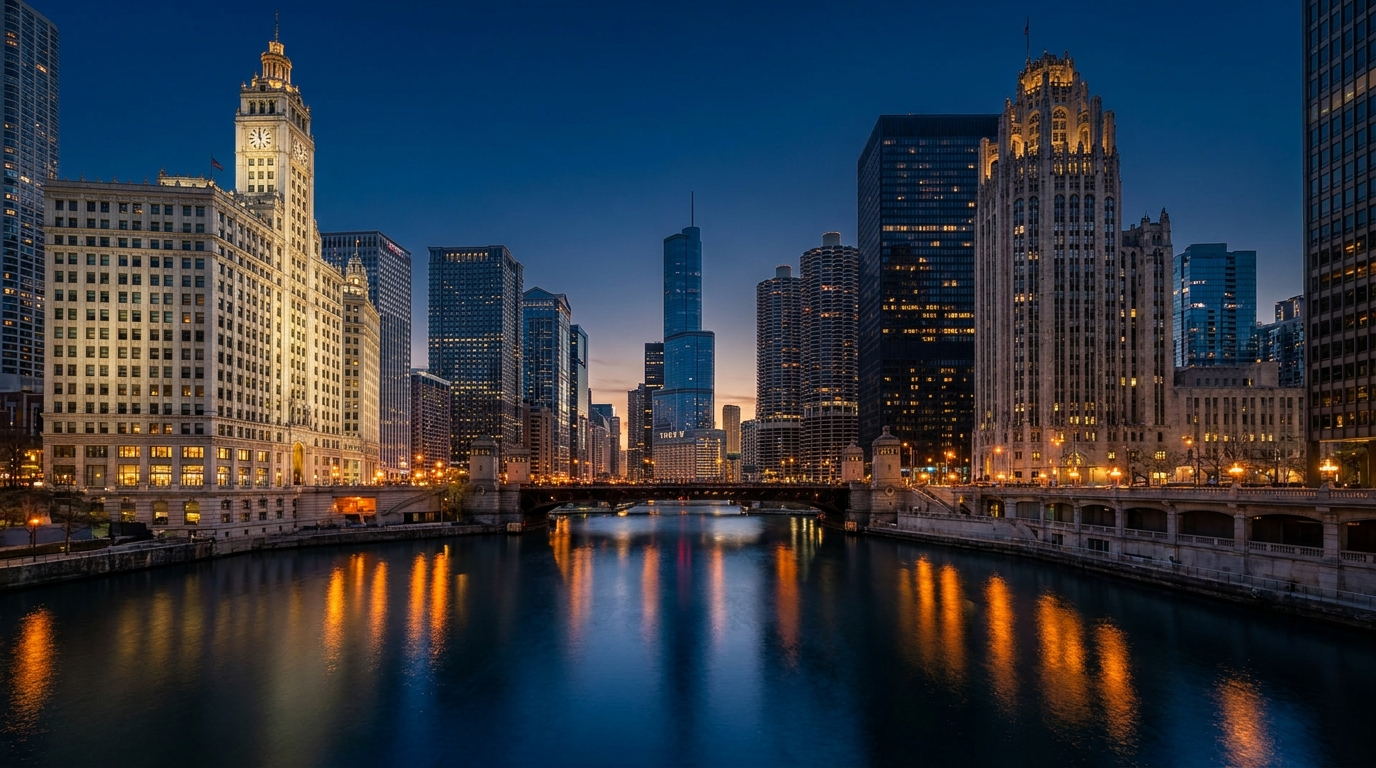 Chicago River at blue hour with Wrigley Building and Tribune Tower flanking the river, Marina City and modern skyline behind