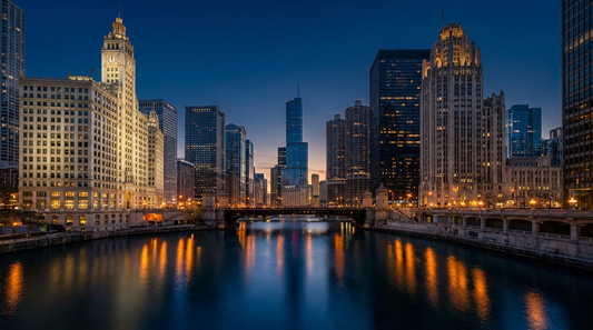 Chicago River at blue hour with Wrigley Building and Tribune Tower flanking the river, Marina City and modern skyline behind