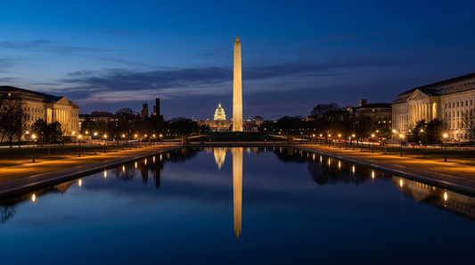 National Mall in Washington DC at blue hour with the Reflecting Pool, Washington Monument obelisk, and Capitol dome