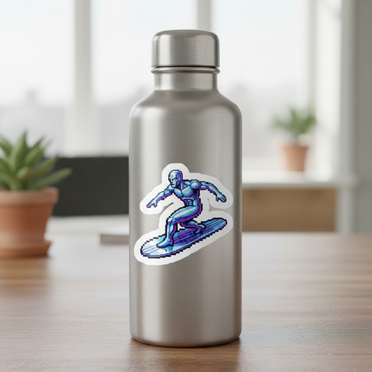 Retro 8-Bit Cosmic Surfer Sticker | Chrome Pixel Art Sci-Fi Decal | Kiss-Cut Vinyl