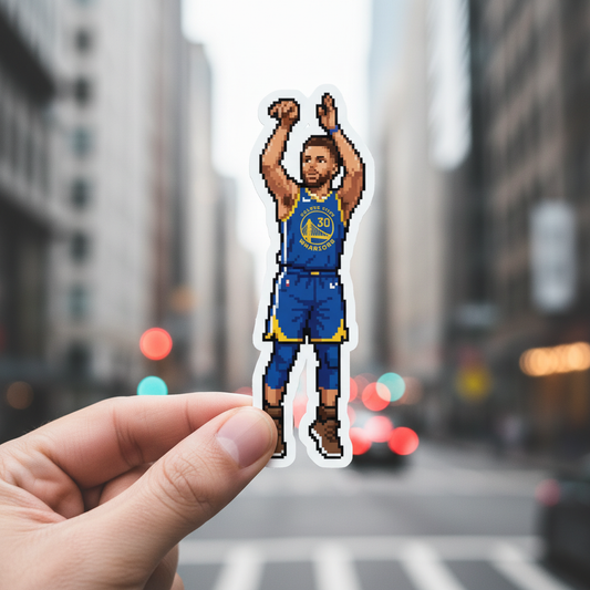 Retro Pixel Art Basketball Player Sticker Dynamic Jump Shot Decal Blue & Yellow Sports Athlete Gamer Room Decor
