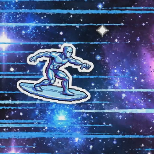 Retro 8-Bit Cosmic Surfer Sticker | Chrome Pixel Art Sci-Fi Decal | Kiss-Cut Vinyl